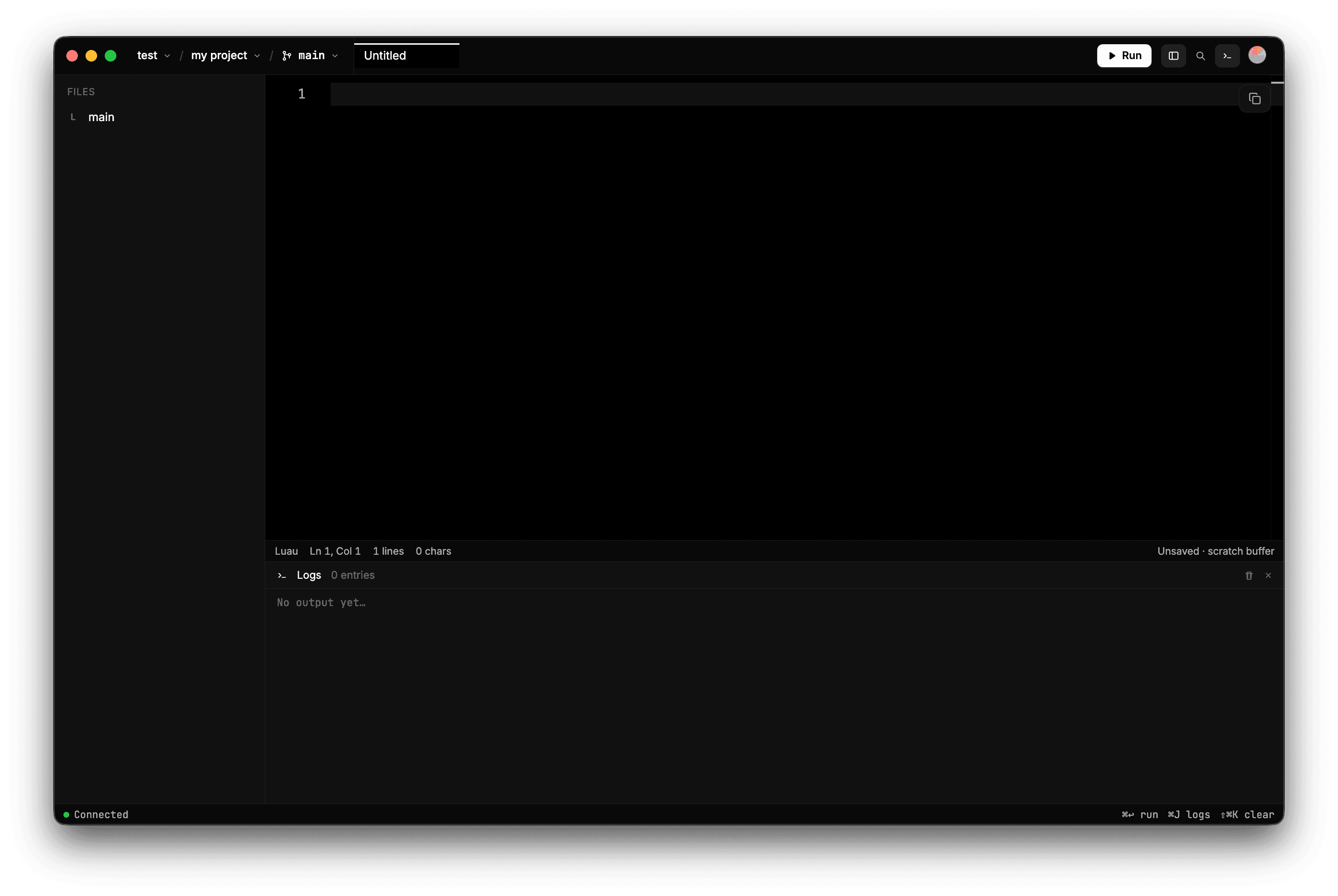 LUACAST engine interface showing workspace, project, and branch selectors with a connected Luau runtime
